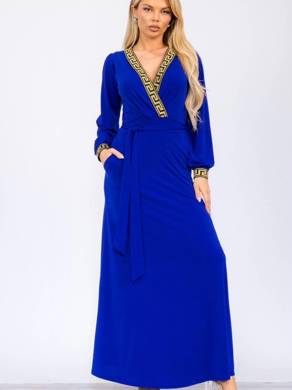 Elegant Royal Blue Long Sleeve Wrap Maxi Dress with Gold Trim